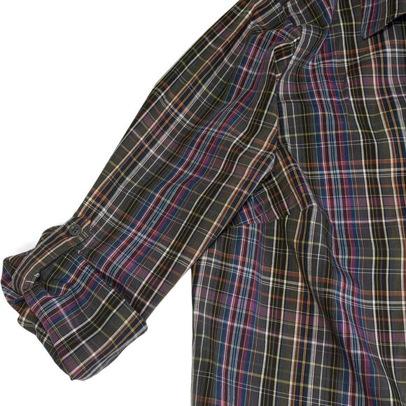 Talbots Woman 1X Plaid Shirt Roll Tab Sleeves Denim Trim Multicolor Cotton Plus - Picture 5 of 7